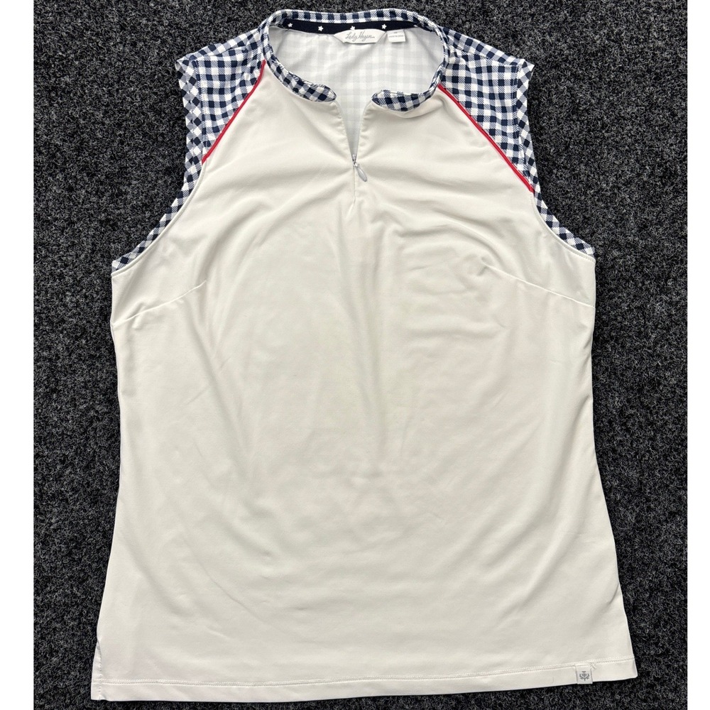 Lady Hagen Gingham Trim Golf Polo Shirt Womens Small S White Sleeveless Zip Tank
